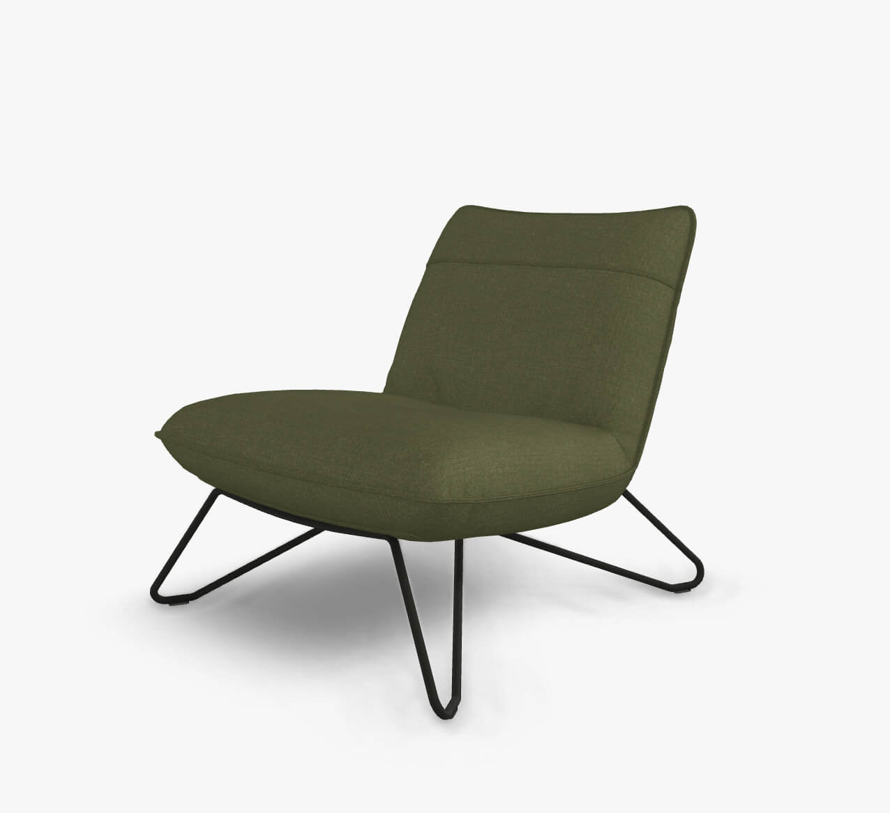 Rolf Benz 394 - Sessel (Loungesessel) | Stoff, laubgrün 05.237 | Metallgestell schwarz Eleganter olivgrüner Lounge-Sessel mit schwarzem Metallgestell, seitliche Ansicht