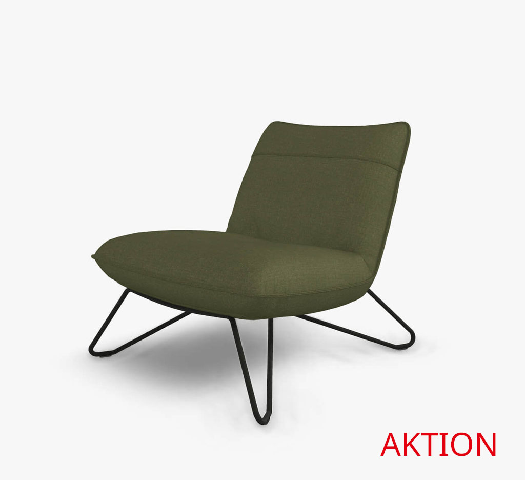 Eleganter olivgrüner Lounge-Sessel mit schwarzem Metallgestell, seitliche Ansicht