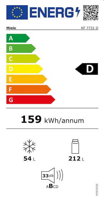 Das Energielabel für einen Miele KF 7731 D Kühlschrank, das die Energieeffizienzklasse D, einen jährlichen Energieverbrauch von 159 kWh/annum, ein Gefriervolumen von 54 L, ein Kühlvolumen von 212 L und einen Geräuschpegel von 33 dB angibt.
