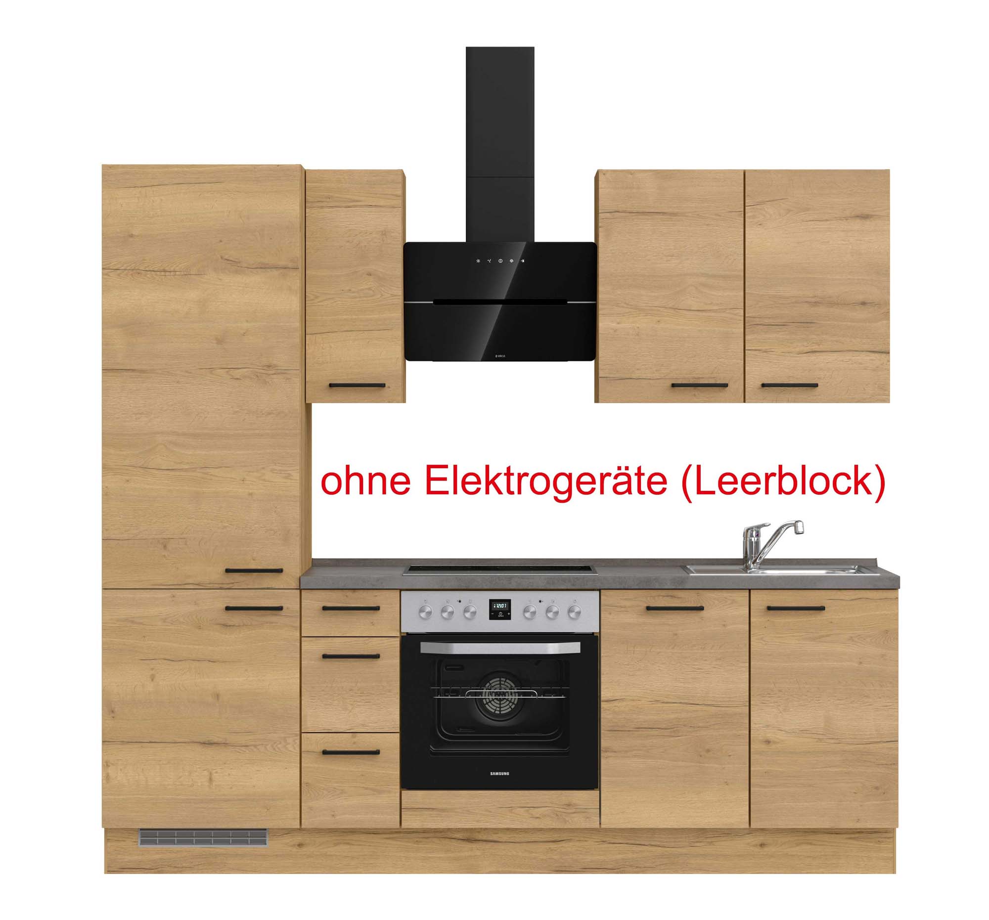küchenzeile braun, grau mit Backofen, Herd, Dunstabzugshaube, Waschbecken, Armatur mit Hinweistext ohne Elektrogeräte (Leerblock) nobilia structura