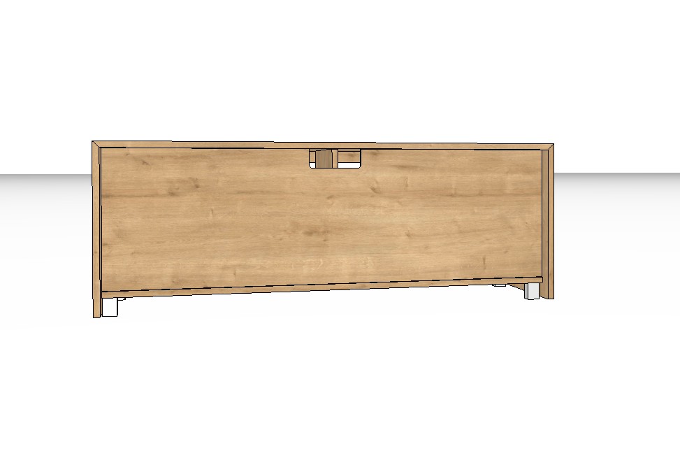 Rückansicht eines braunen Lowboards vor weißem Hintergrund