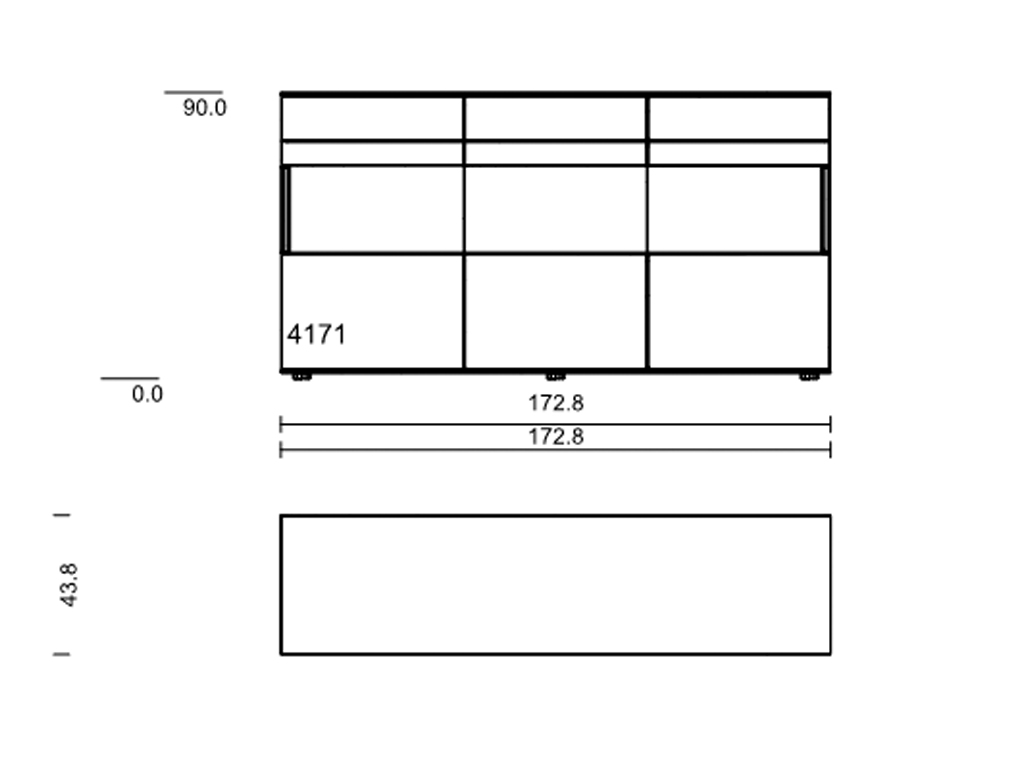 Eine technische Maßzeichnung des Hartmann Torido Sideboards 4171, die detaillierte Abmessungen des breiten Schranks mit seinen Fächern darstellt.