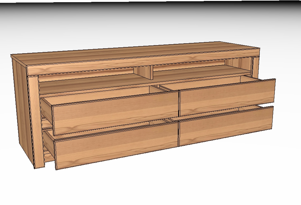 Dreidimensionale Darstellung einer Holzkommode mit mehreren geöffneten Schubladen