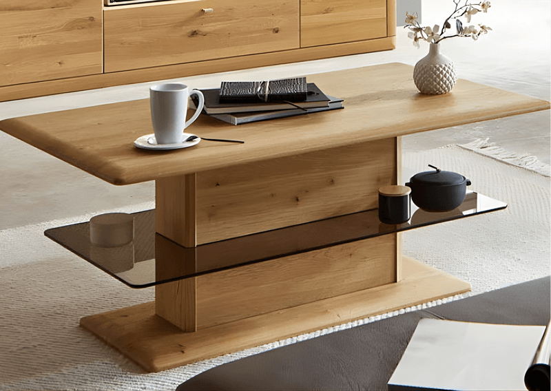 Massivholz Couchtisch mit Glasablage