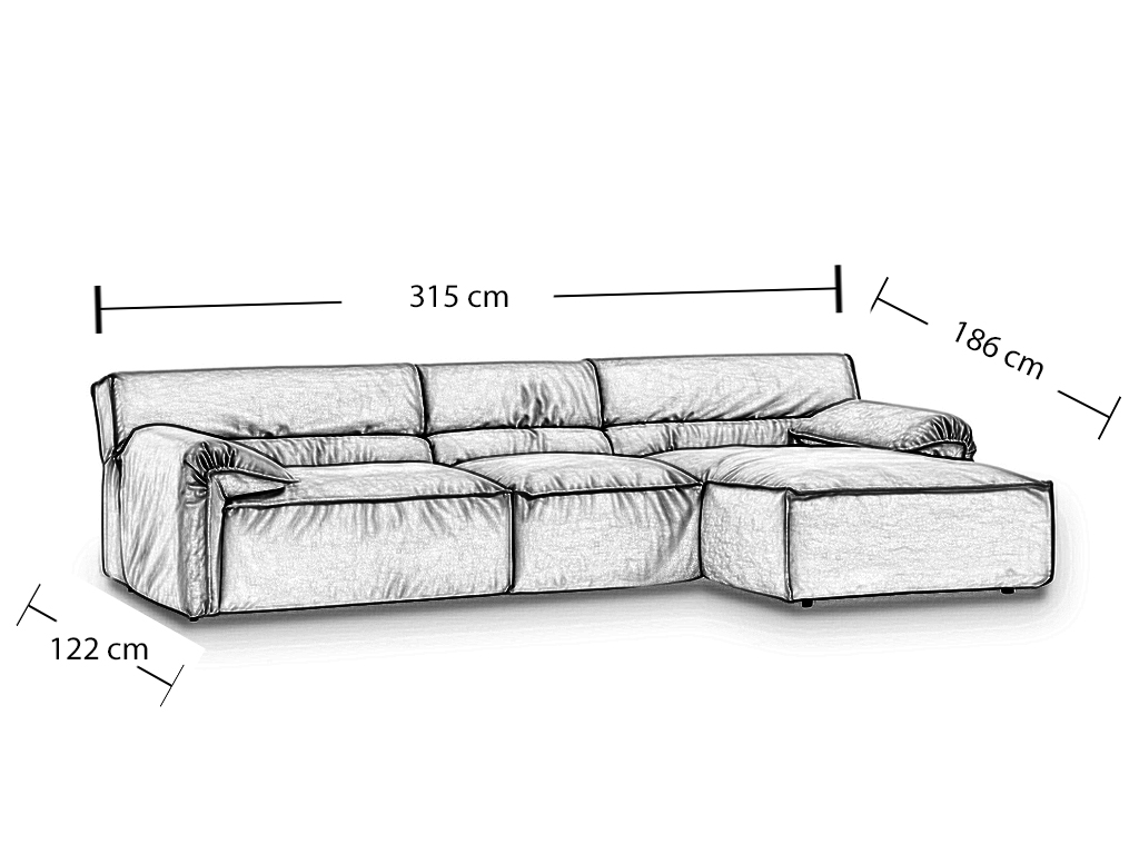 Eine technische Skizze eines dreiteiligen Sofas mit Chaiselongue. Die Gesamtbreite beträgt 315 cm, die Tiefe der Chaiselongue 186 cm und die Tiefe des Sofas 122 cm.
