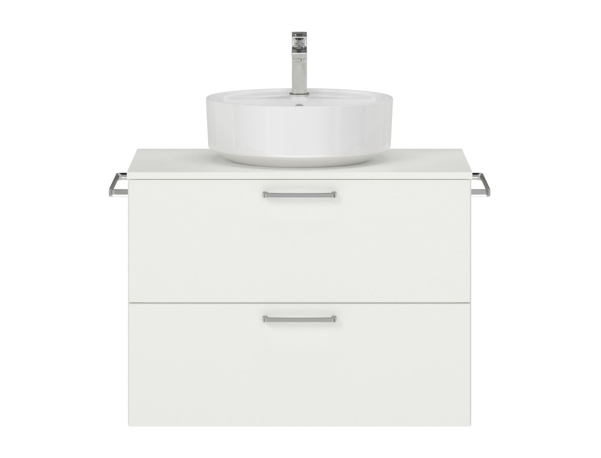 Badschrank weiß mit zwei Schubladen mit rundem Aufsatzwaschbecken Handtuchhaltern und Armatur nobilia