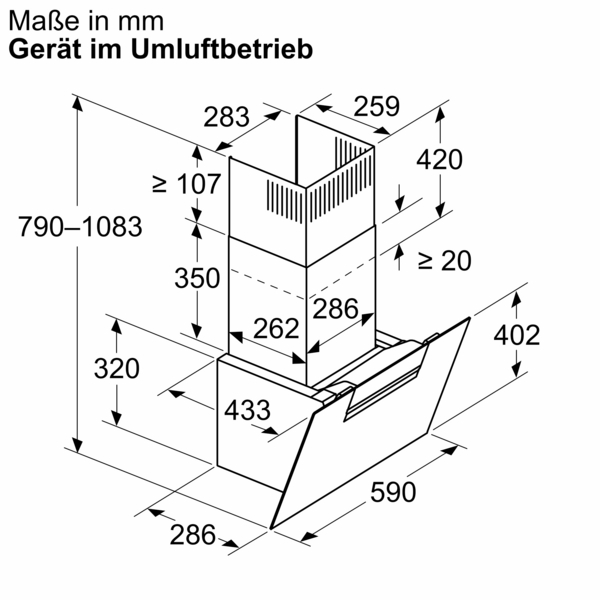 Technische Zeichnung eines Küchengeräts im Umluftbetrieb mit Detailmaßen in Millimetern