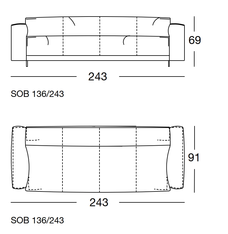 Maßzeichnung eines Sofaelements vor weißem Hintergrund freistil Rolf Benz 136