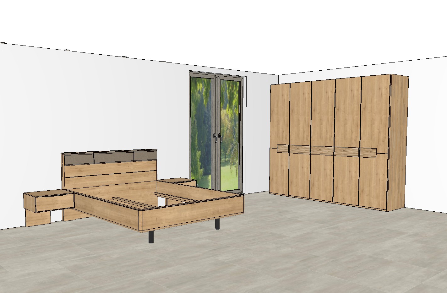 fünftüriger brauner Kleiderschrank und Bett mit Nachtschränken als Planungsbild einem modernen Raum