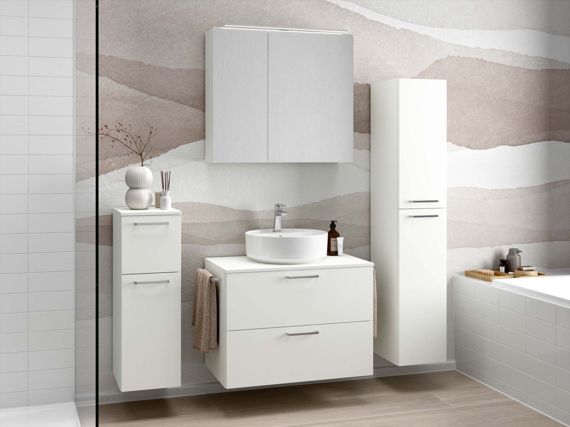 Badezimmermöbel-Set 3 Schränke weiß mit Waschtisch und Spiegelschrank nobilia