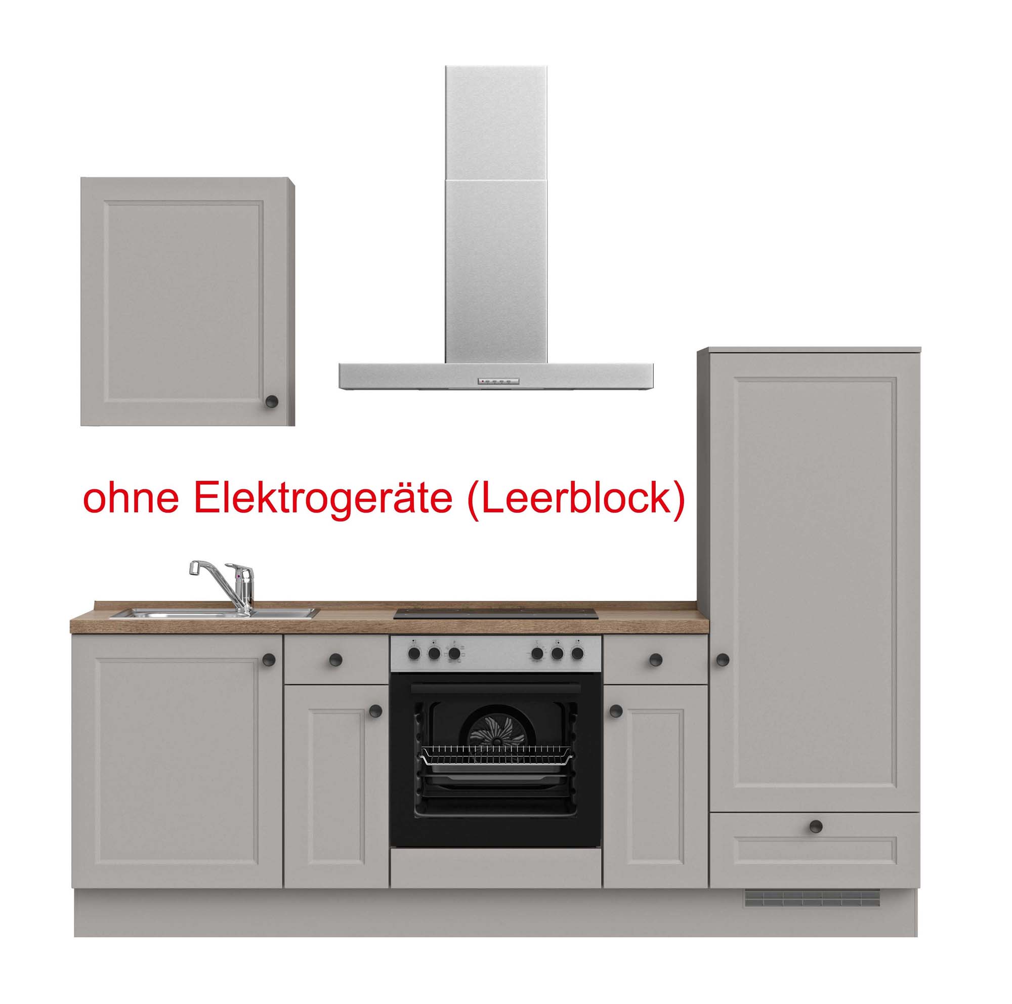 küchenzeile grau, braun mit Backofen, Herd, Dunstabzugshaube, Waschbecken, Armatur mit Hinweistext ohne Elektrogeräte (Leerblock) nobilia cascada