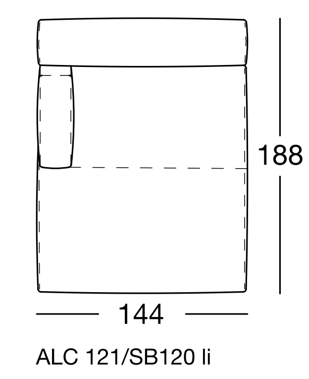 Maßzeichnung eines Sofaelementes mit Artikelbezeichnung vor weißem Hintergrund