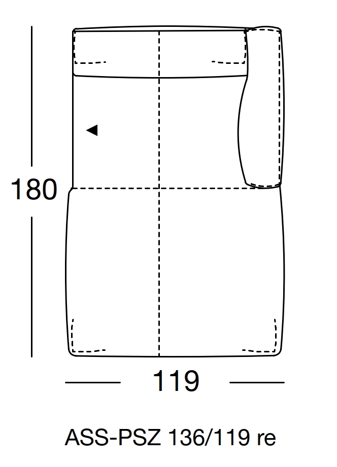 Maßzeichnung eines Sofaelements vor weißem Hintergrund freistil Rolf Benz 136