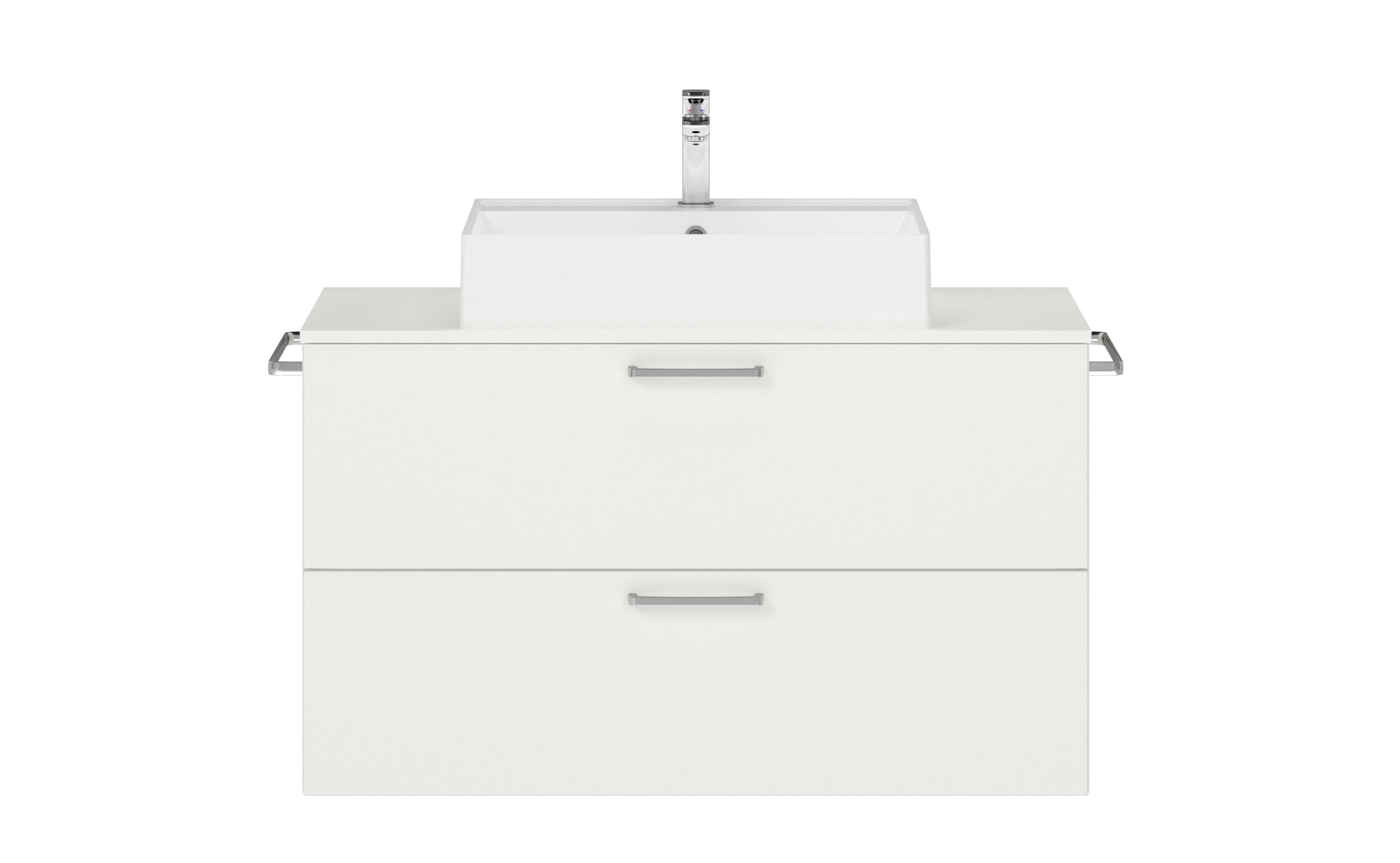 Badschrank weiß mit zwei Schubladen mit eckigem Aufsatzwaschbecken Handtuchhaltern und Armatur nobilia