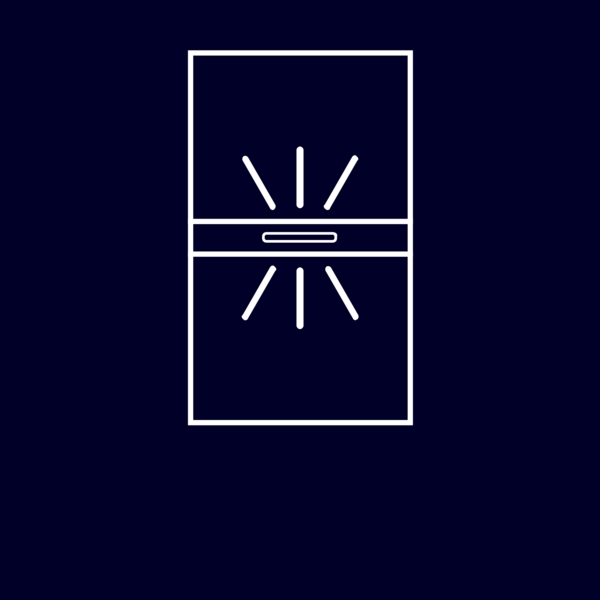 Ein minimalistisches Kühlschrank-Icon in Weiß auf einem dunkelblauen Hintergrund, das Kühl- und Gefrierbereich zeigt.