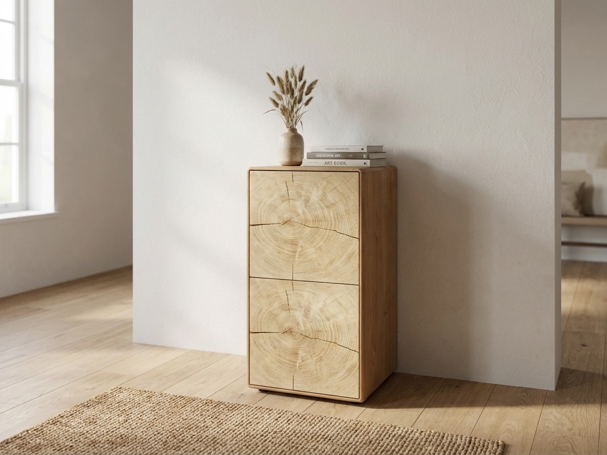 brauner kleiner Schrankes mit Holzakzent in einem hellen Raum