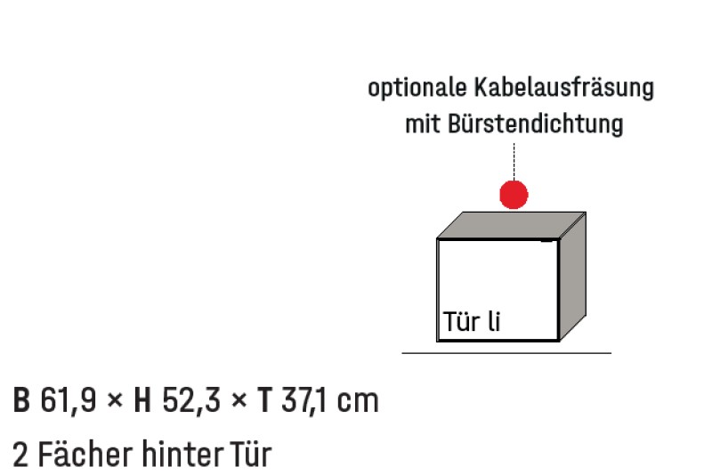 Illustration eines kleinen quadratischen, Lowboards mit Bezeichnung vor weißem Hintergrund