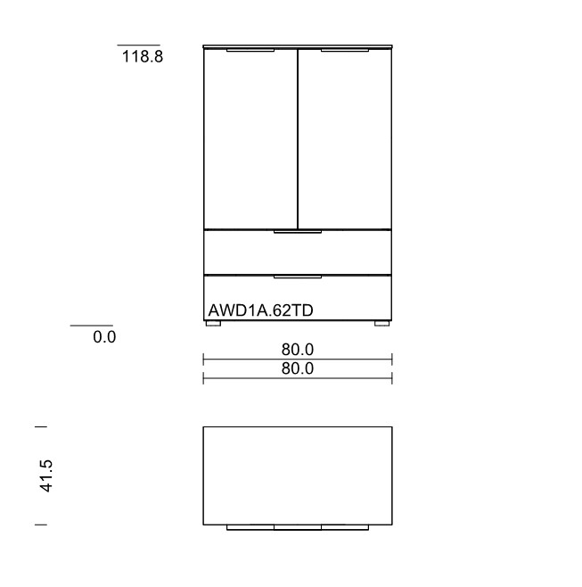 Maßzeichnung einer Kommode mit zwei Schubladen und zwei Türen vor weißem Hintergrund