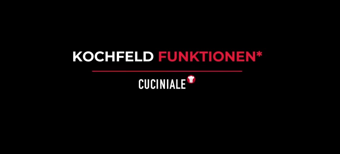 Schriftzug 'Kochfeld Funktionen' und Logo von Cuciniale auf schwarzem Hintergrund