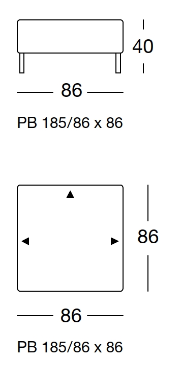 Maßzeichnung eines Sofaelements vor weißem Hintergrund freistil Rolf Benz 185
