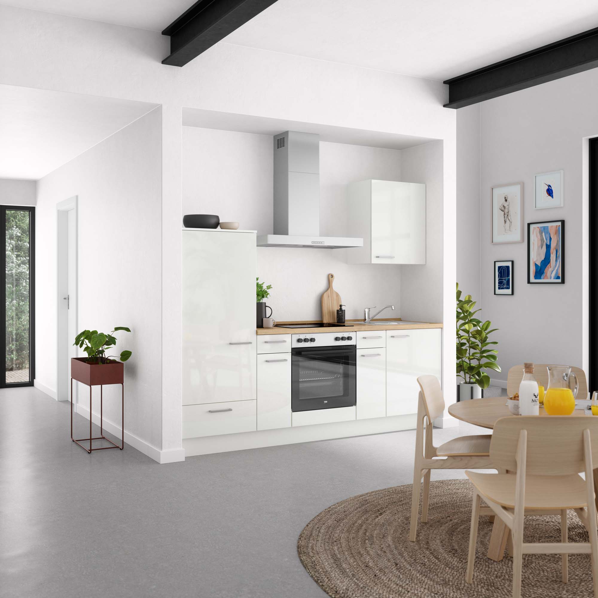 küchenzeile weiß, braun mit Backofen, Herd, Dunstabzugshaube, Waschbecken, Armatur nobilia flash