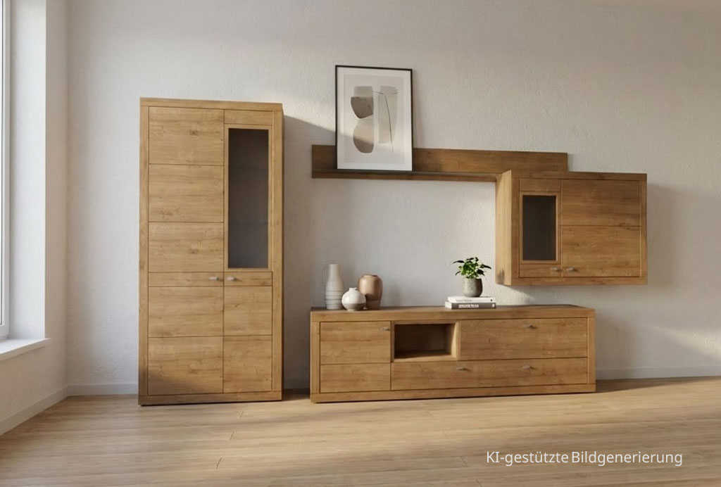 moderne braune Wohnwand stilvoll dekoriert in einem hellen Raum, Bild KI generiert