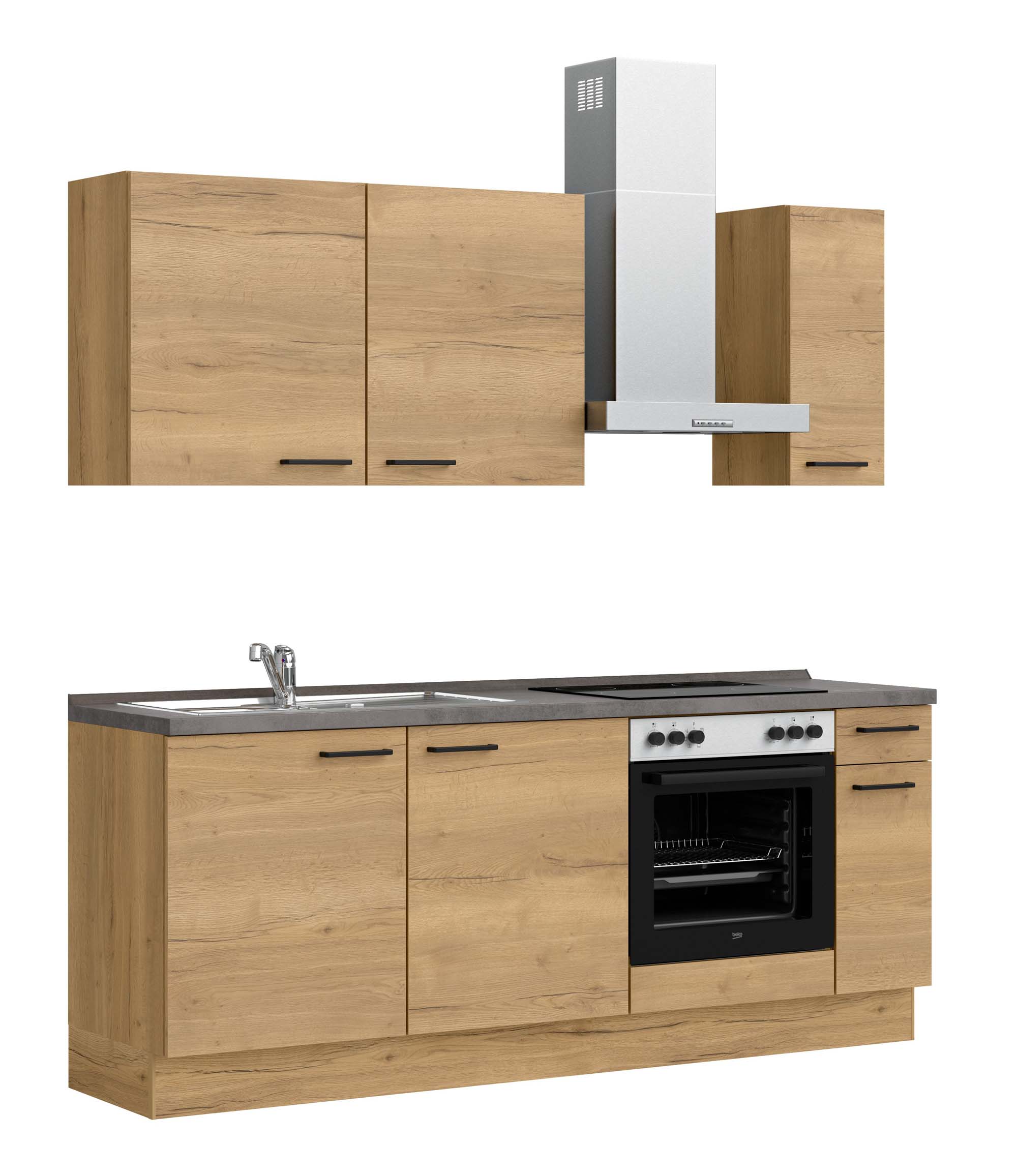 Kücheneinrichtung mit Holzelementen, integriertem Backofen, Dunstabzug und Spüle