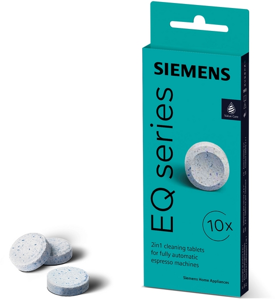 Siemens - 2in1 Reinigungstabletten (10 Tabletten) | TZ80001A Verpackung von Siemens EQ Series Reinigungstabletten für Kaffeevollautomaten, 10 Tabletten