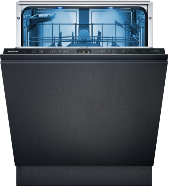Siemens studioLine - Vollintegrierter Geschirrspüler iQ500 (60 cm) INKL. 5 JAHRE GARANTIE | XXL | SN85E803BE Offener Siemens Geschirrspüler mit blauer Innenbeleuchtung, zeigt das Innere mit Körben und Bedienfeld