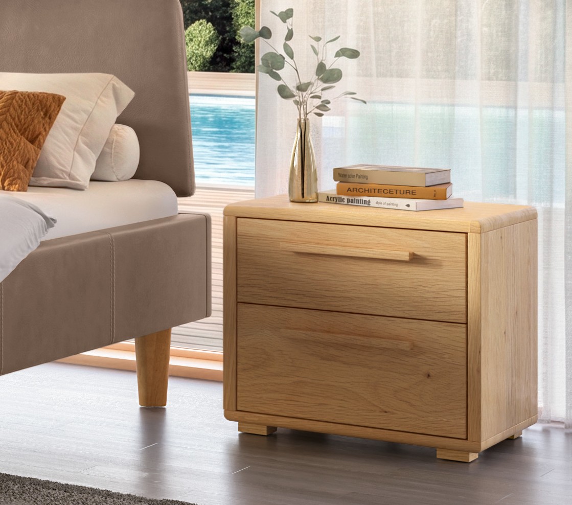 KI-generiertes Bild: Moderner Nachttisch aus Holz dekoriert neben einem Bett im Schlafzimmer"