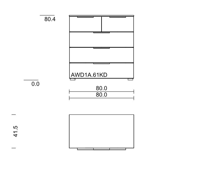 Maßzeichnung einer Kommode mit fünf Schubladen vor weißem Hintergrund