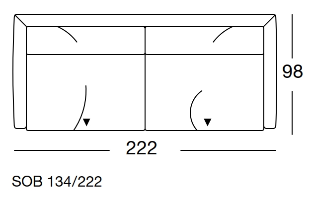 freistil Rolf Benz 134 - Sofabank | B: 222  cm | SOB 134/222 Maßzeichnung eines Sofaelement vor weißem Hintergrund freistil Rolf Benz 134
