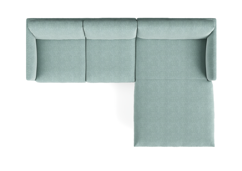 L-förmiges, hellblaues Sofa aus Stoff, von oben gesehen