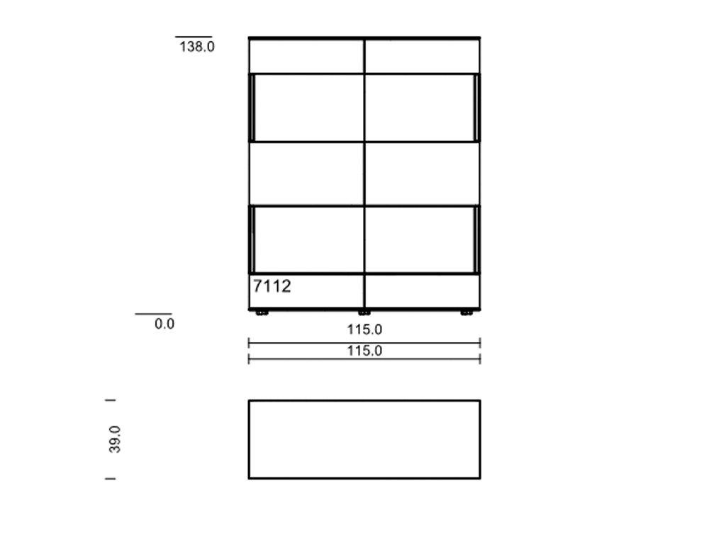 Eine technische Maßzeichnung des Hartmann Torido Highboards 7112, die detaillierte Abmessungen des Schranks mit seinen vier Fächern darstellt.