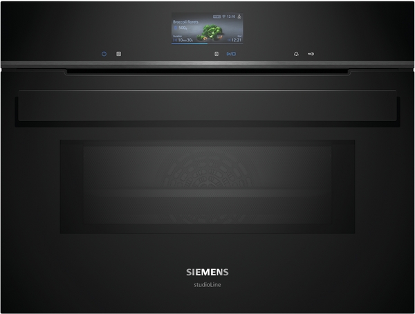 Siemens studioLine - Einbau-Kompaktbackofen mit Mikrowellenfunktion iQ700 (60x45 cm) INKL. 5 JAHRE GARANTIE | CM936GCB1 Frontansicht eines Siemens Studioline Dampfgarers mit modernem Touchscreen-Display