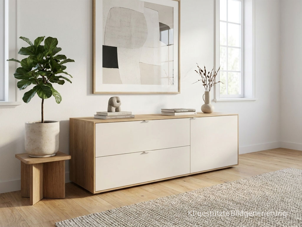 modernes Lowboard mit zwei Schubladen und einer Tür Front in beige Korpus und Abdeckung in hellem Braun stilvoll dekoriert in einem modernen Zimmer, Bild KI generiert