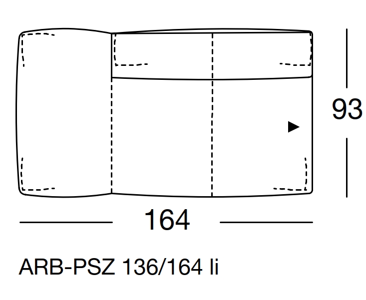 Maßzeichnung eines Sofaelements vor weißem Hintergrund freistil Rolf Benz 136