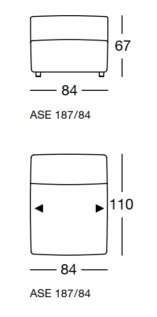  Maßzeichnung eines Sofaelements vor weißem Hintergrund freistil Rolf Benz 187