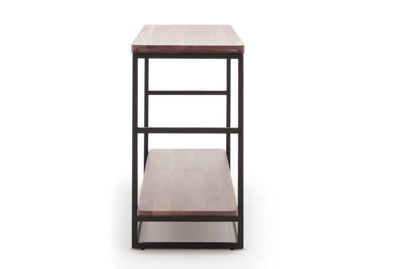 Seitenansicht eines modernen Konsolentischs mit Holzplatte und Metallrahmen, perfekt für das Wohnzimmer.