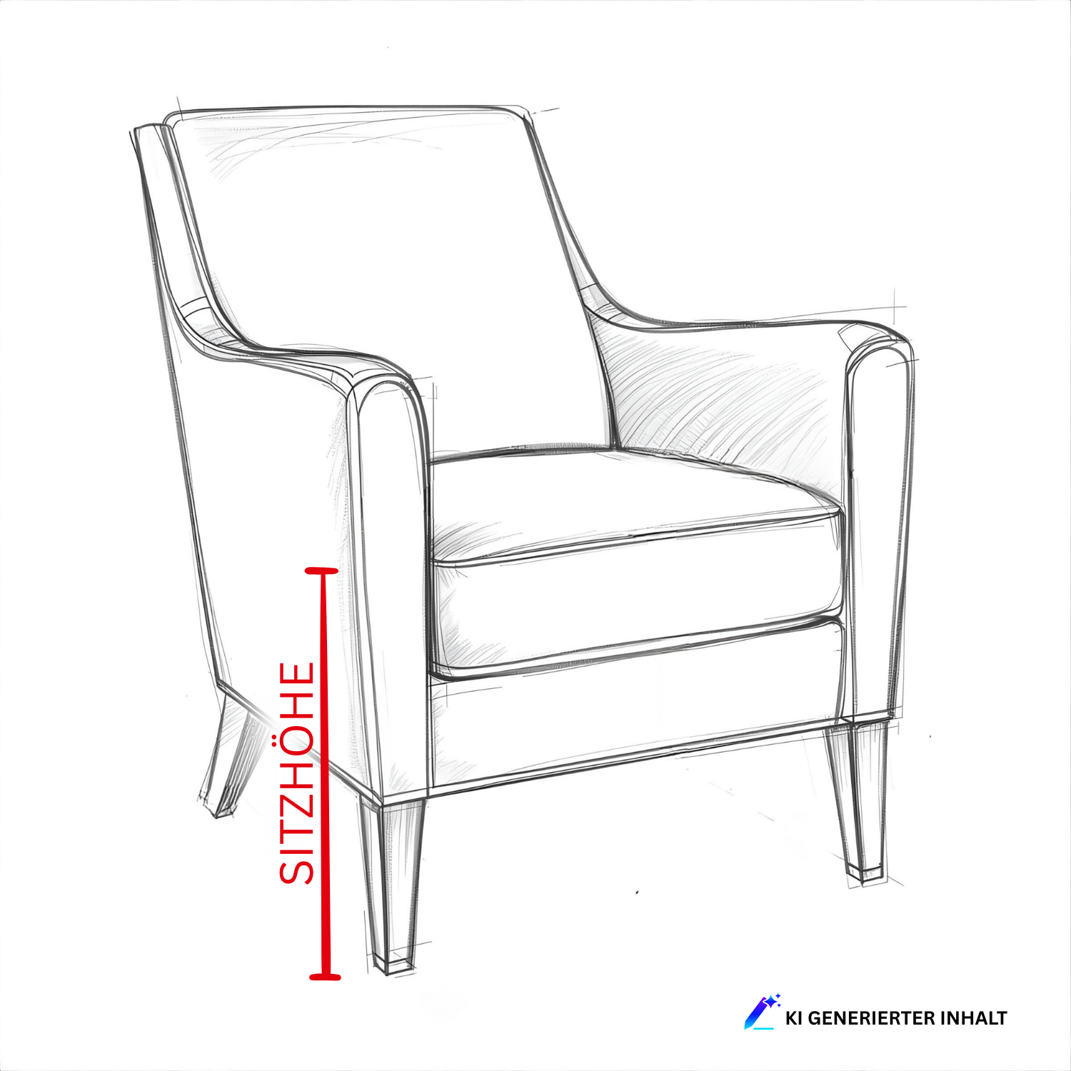 Bleistieftzeichnung eines Sessels mit Markierung der Sitzhöhe in rot