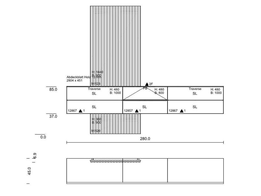 Technische Zeichnung zeigt ein Abdeckblatt aus Holz mit den Maßen 2804 x 451 mm und Traversen mit einer Höhe von 480 mm. Details zu Abmessungen und Positionen sind angegeben.