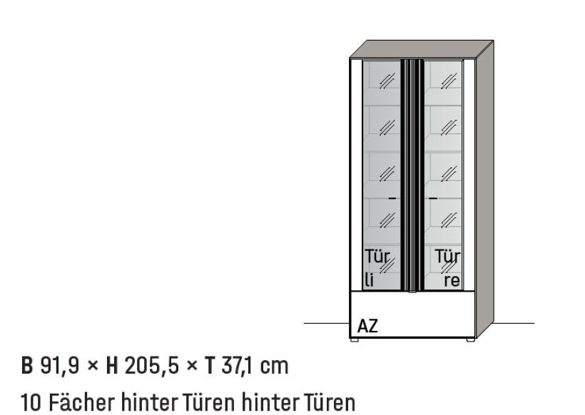 Illustration einer Vitrine mit Bezeichnung vor weißem Hintergrund