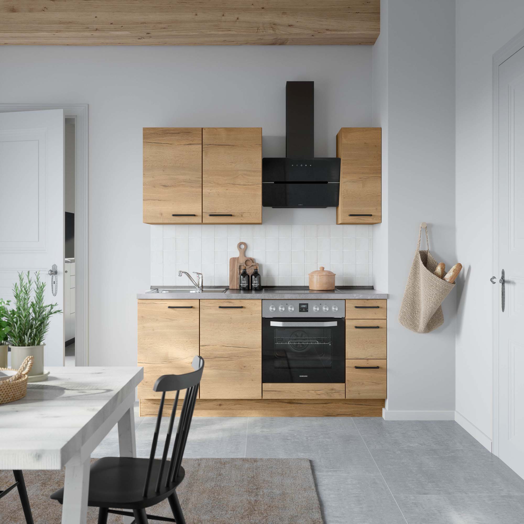küchenzeile braun, grau mit Backofen, Herd, Dunstabzugshaube, Waschbecken, Armatur nobilia structura