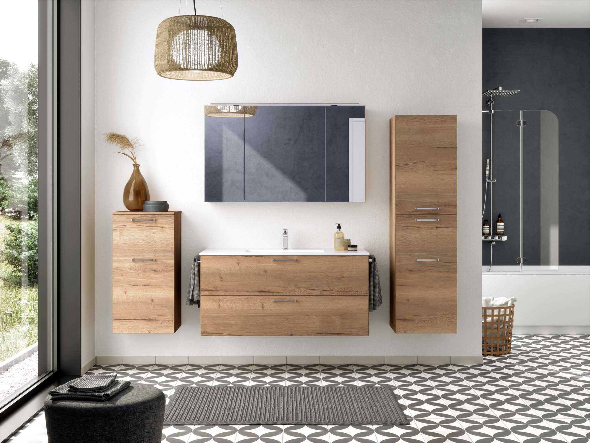 Badezimmermöbel-Set 3 Schränke Eiche Nachbildung mit Waschtisch und Spiegelschrank nobilia 