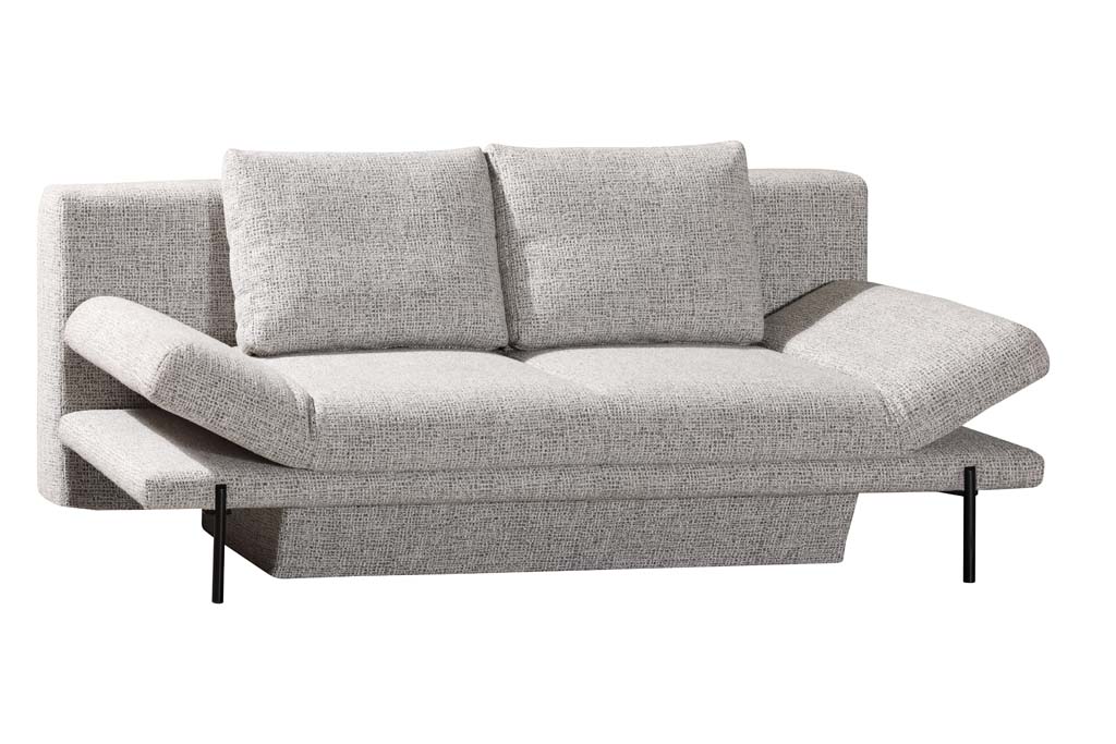 Graues Sofa mit zwei Rückenkissen und verstellbaren Armlehnen auf schwarzem Metallgestell