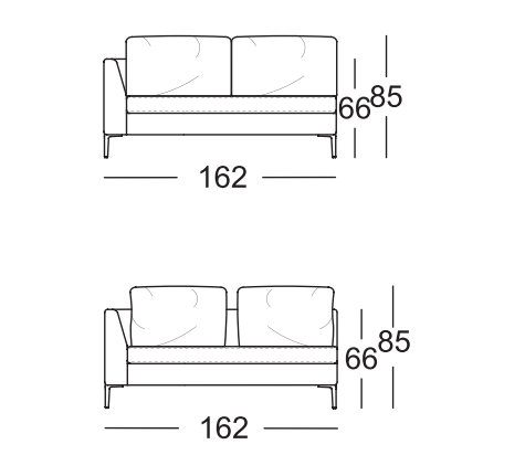 Maßzeichnung eines Sofaelements vor weißem Hintergrund