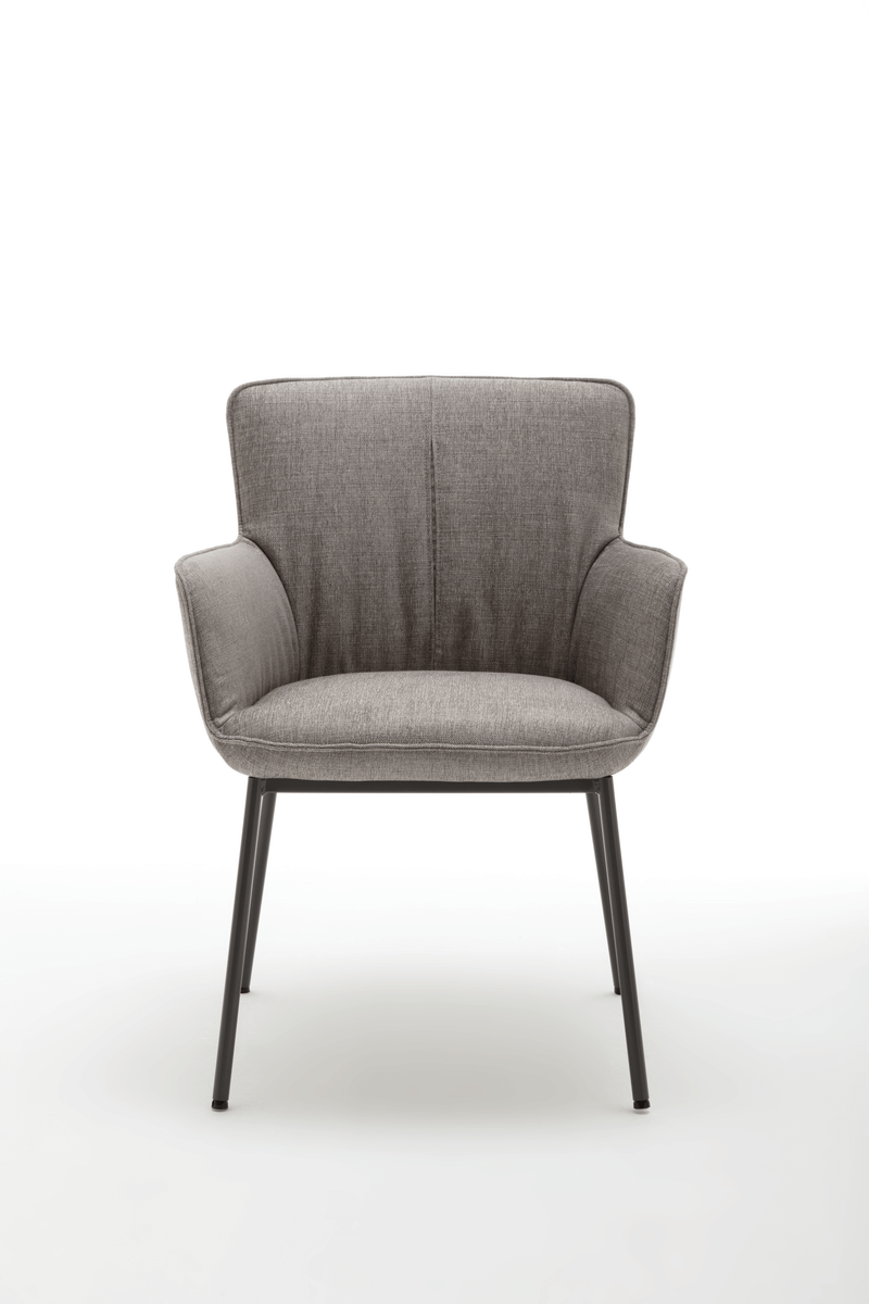 Bequemer, grauer Sessel mit Stoffbezug und stabilen Metallbeinen, ideal für Wohnzimmer oder Büroeinrichtung