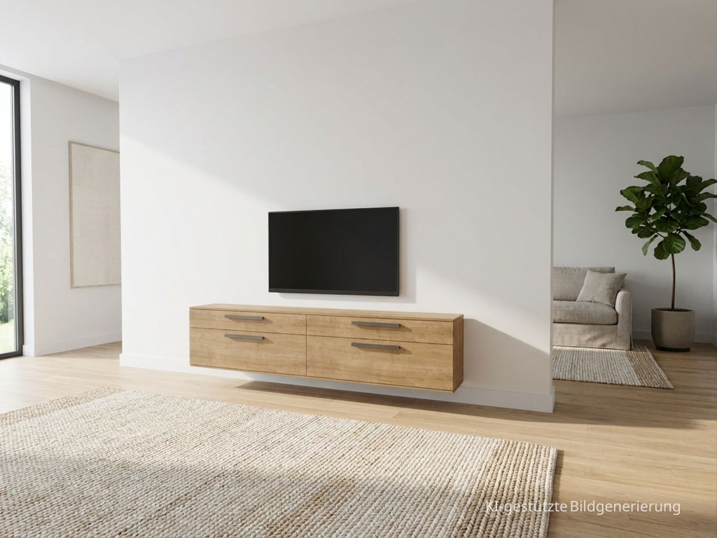 Modernes braunes Hängelowboards mit markanten Griffen stilvoll dekoriert in einem modernen Zimmer, Bild KI generiert