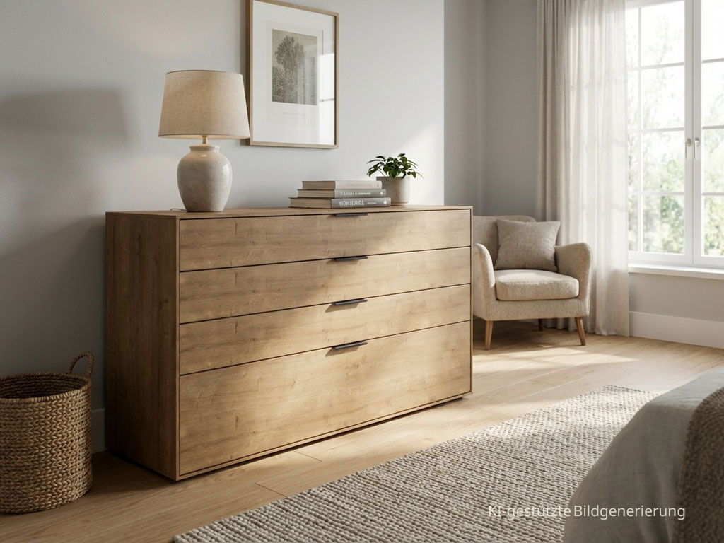 Braune Kommode stilvoll dekoriert in einem modernen Raum