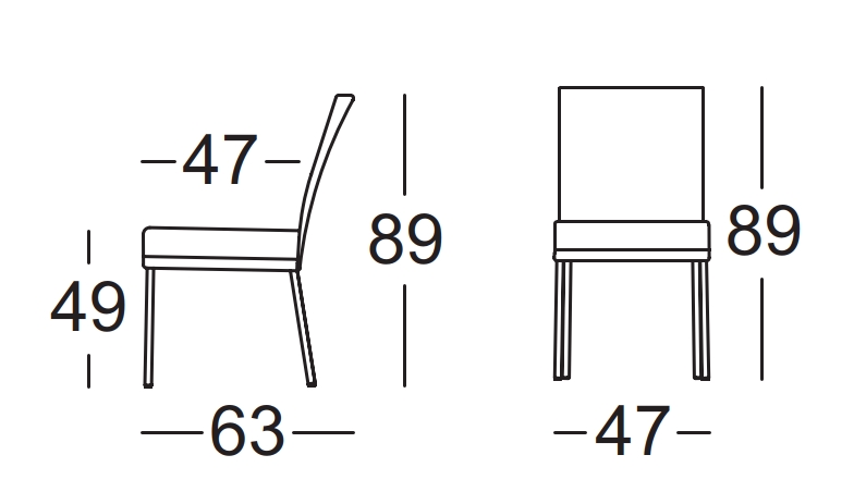 Technische Zeichnung eines modernen Stuhls mit Abmessungen: Höhe 89 cm, Breite 47 cm, Sitzhöhe 49 cm, Tiefe 63 cm.